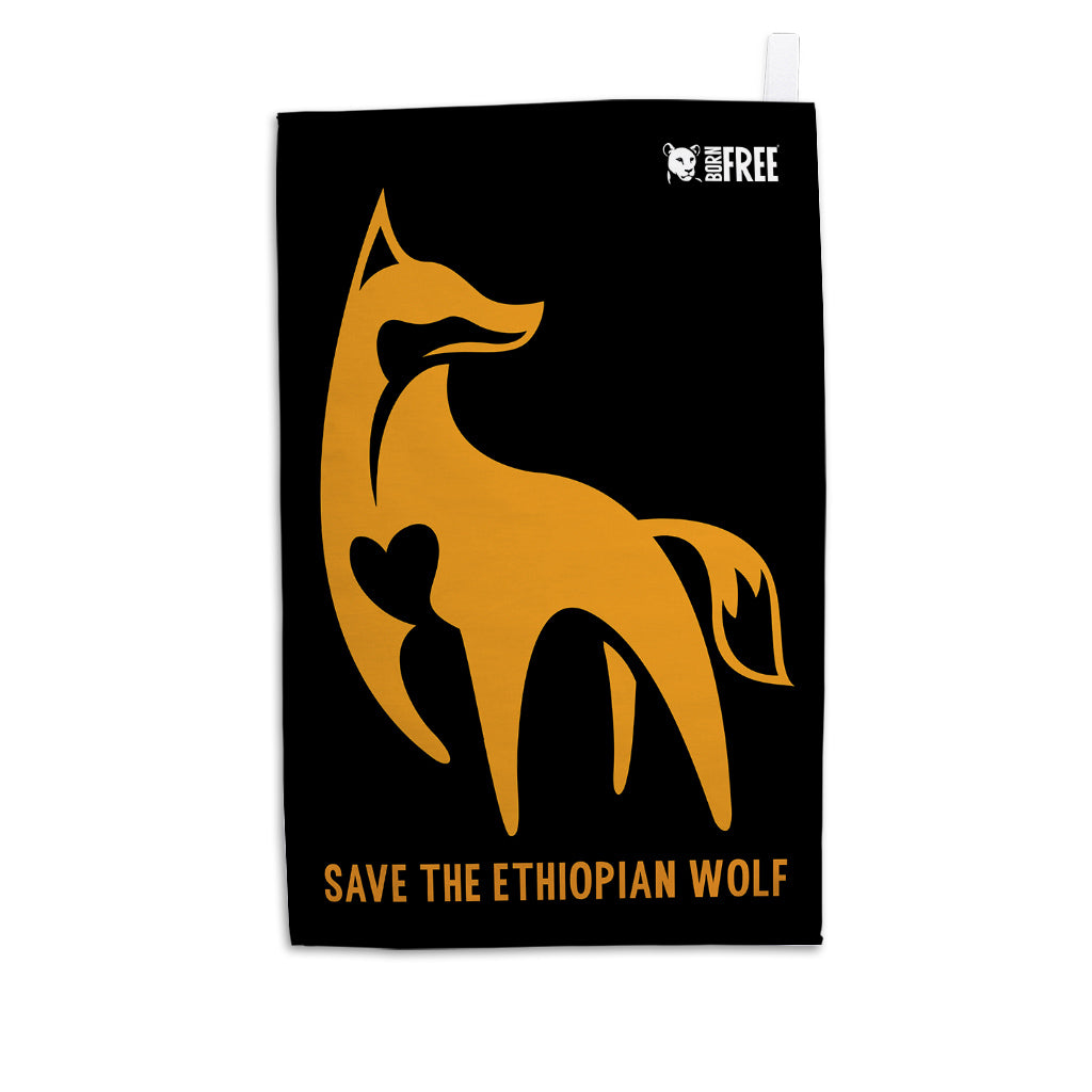 Ethiopian Wolf - Orange on Black Organic Tea Towel