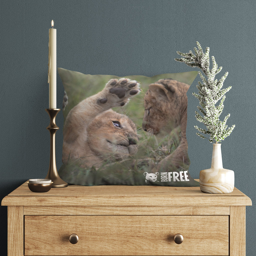 New Beginnings Lion Cubs Organic Cushion by George Logan