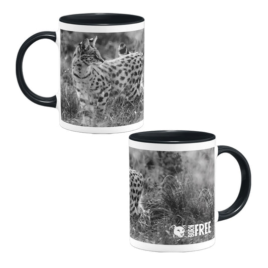 Serval Cat in Black and White Black Mug - Born Free Photography