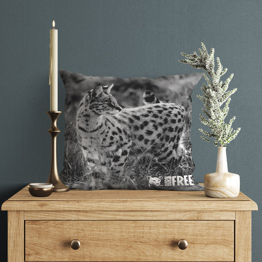 Serval Cat in Black and White Organic Cushion - Born Free Photography
