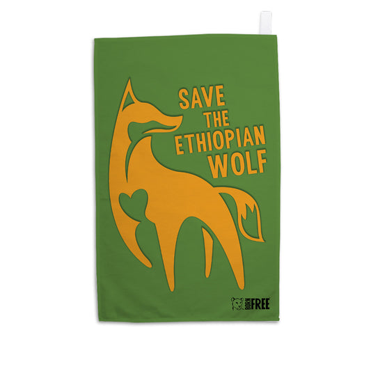 Ethiopian Wolf - Orange on Green Organic Tea Towel