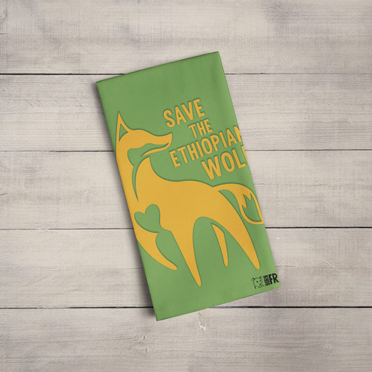 Ethiopian Wolf - Orange on Green Organic Tea Towel